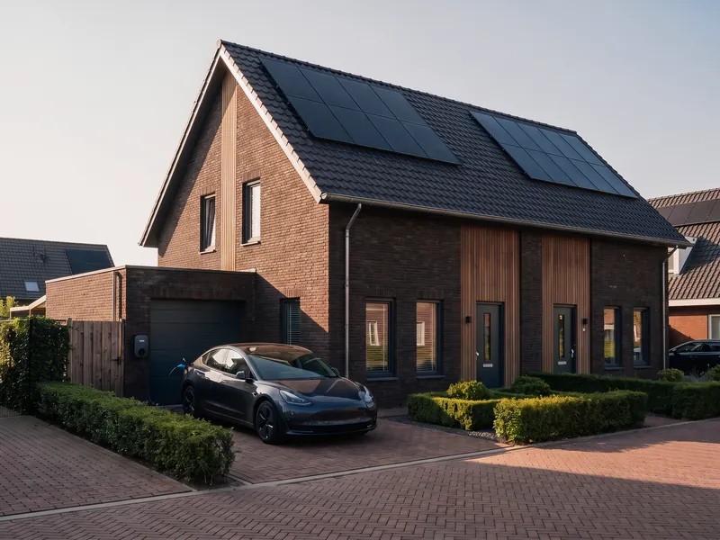 Laadpaal aan de gevel naast een oprit met een elektrische auto