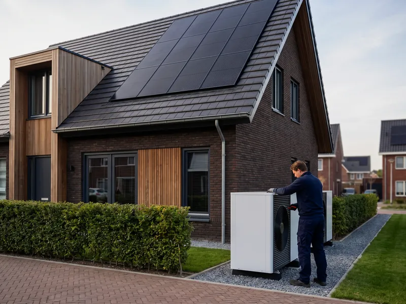 Monteur bij de buitenunit van een warmtepomp naast een woning met zonnepanelen