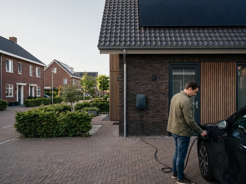 Laadpaal aan de gevel naast de voordeur van een woning