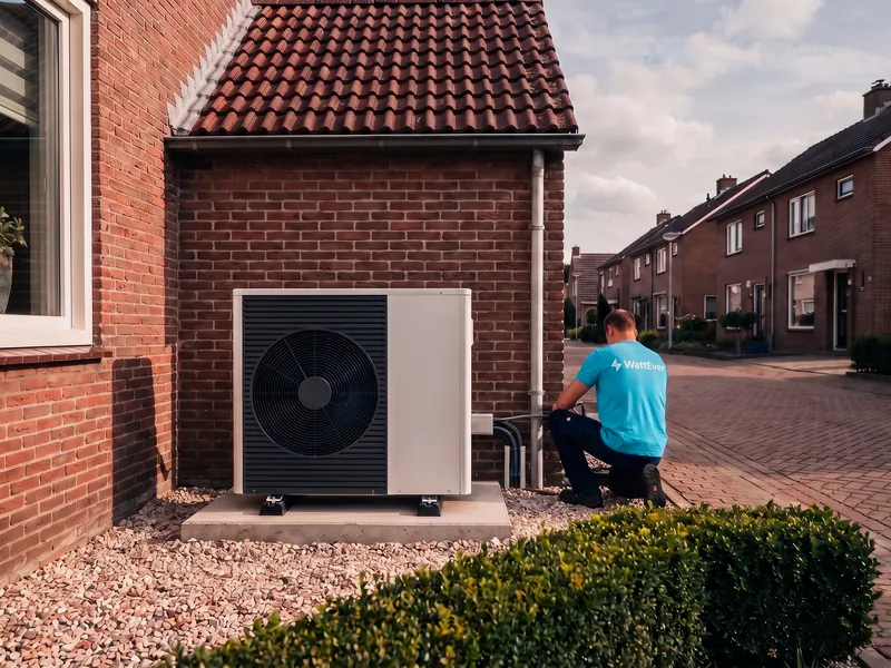 Buitenunit van een warmtepomp naast een bakstenen woning