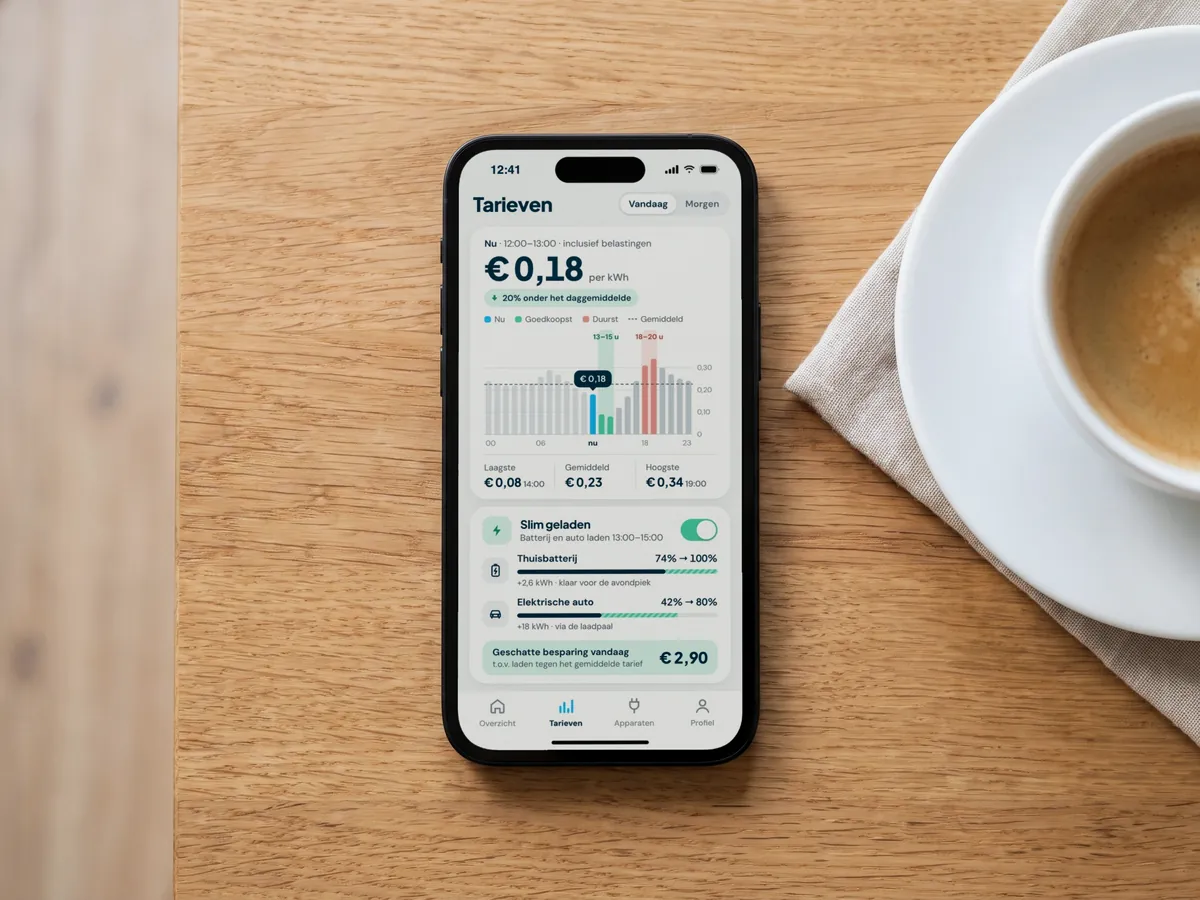 Telefoon met een app met stroomtarieven op een houten tafel, naast een kop koffie