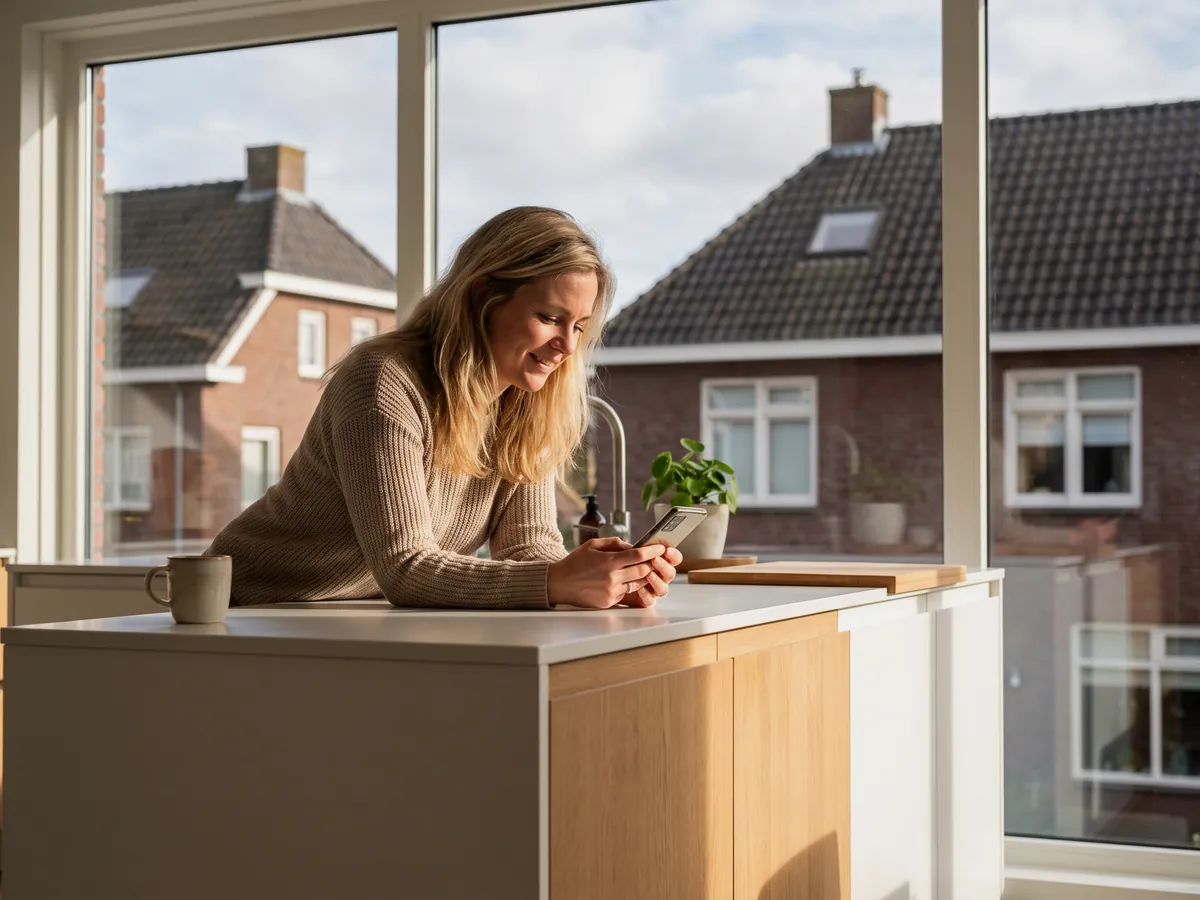 Vrouw kijkt op haar telefoon in de keuken