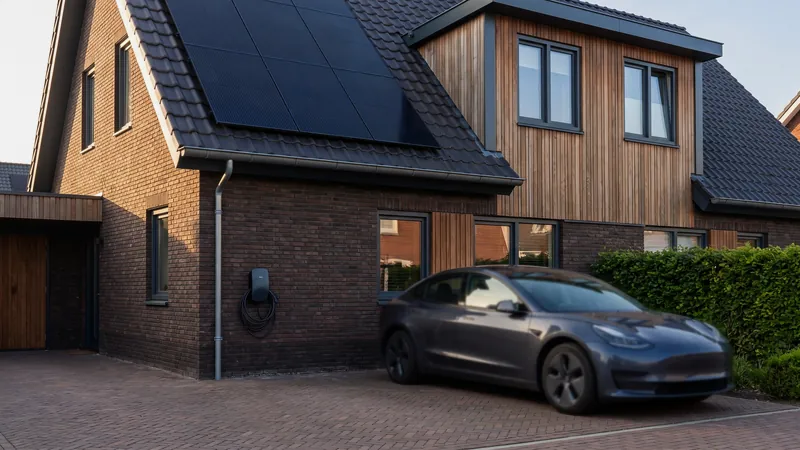 Elektrische auto aan een laadpaal bij een woning met zonnepanelen