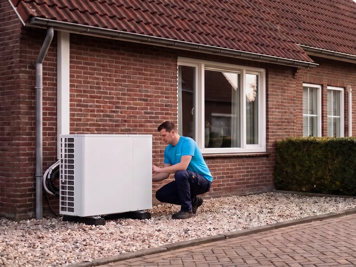 Monteur in een blauw WattEver-shirt bij de buitenunit van een warmtepomp naast een bakstenen woning