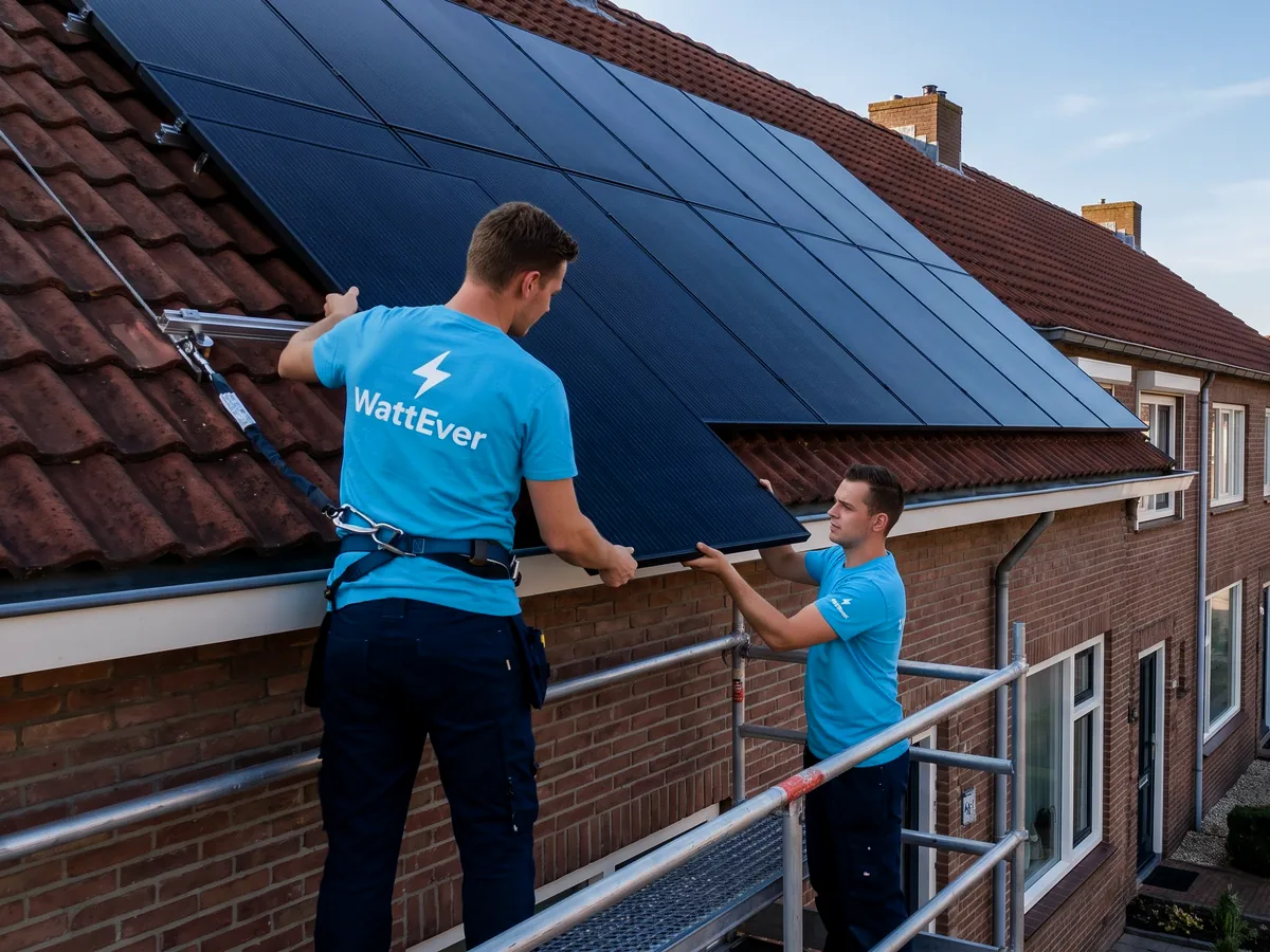 Twee monteurs in blauwe WattEver-shirts leggen zonnepanelen op een pannendak