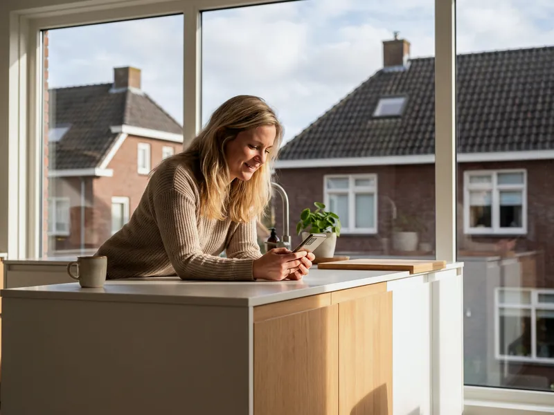 Vrouw kijkt in haar keuken op haar telefoon, buiten staan huizen met zonnepanelen