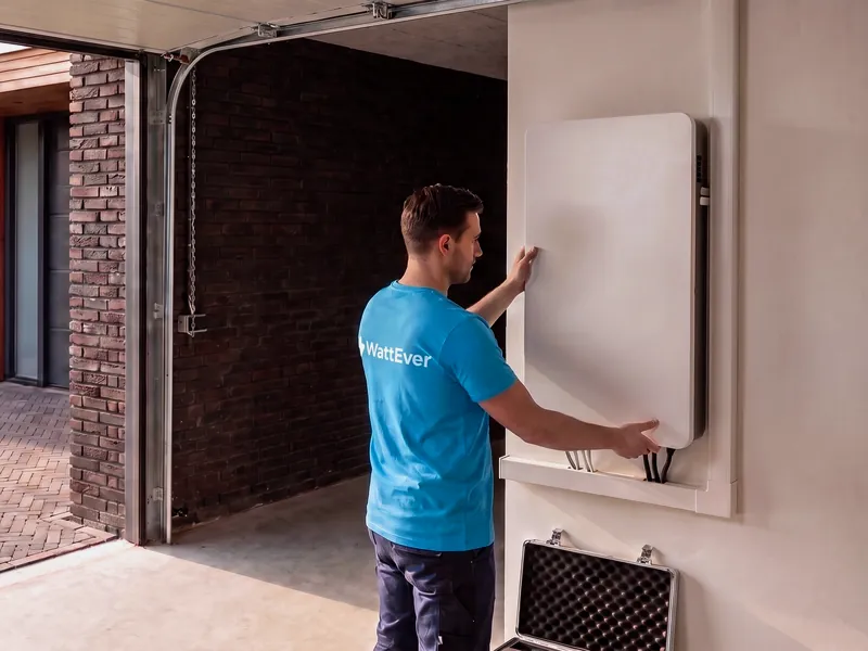 Monteur in een blauw WattEver-shirt hangt een thuisbatterij aan de wand van een garage