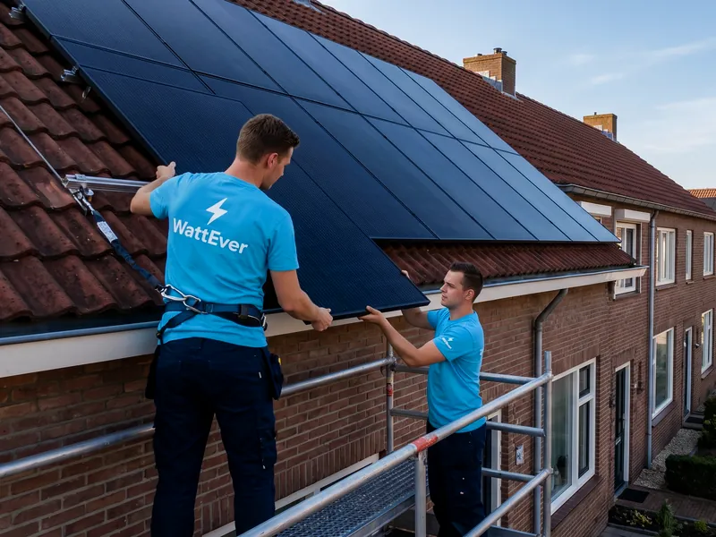 Twee monteurs in blauwe WattEver-shirts leggen zonnepanelen op een pannendak