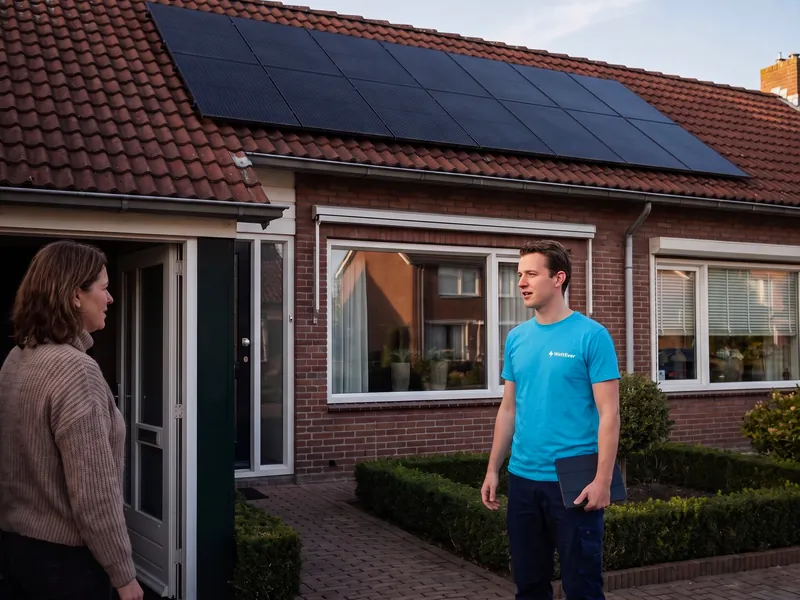WattEver-adviseur op bezoek aan de voordeur van een woning met zonnepanelen