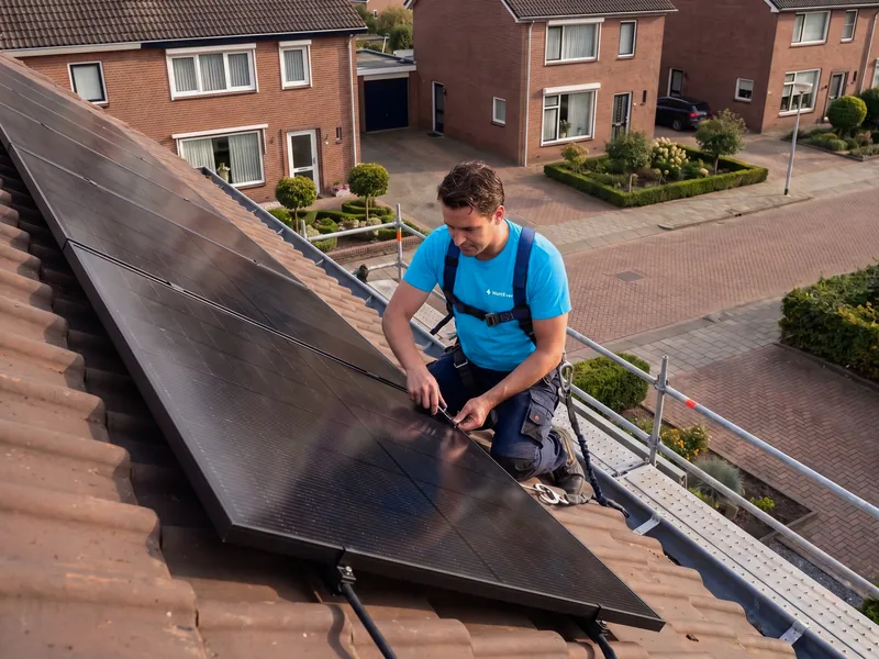 Monteur zet zonnepanelen vast